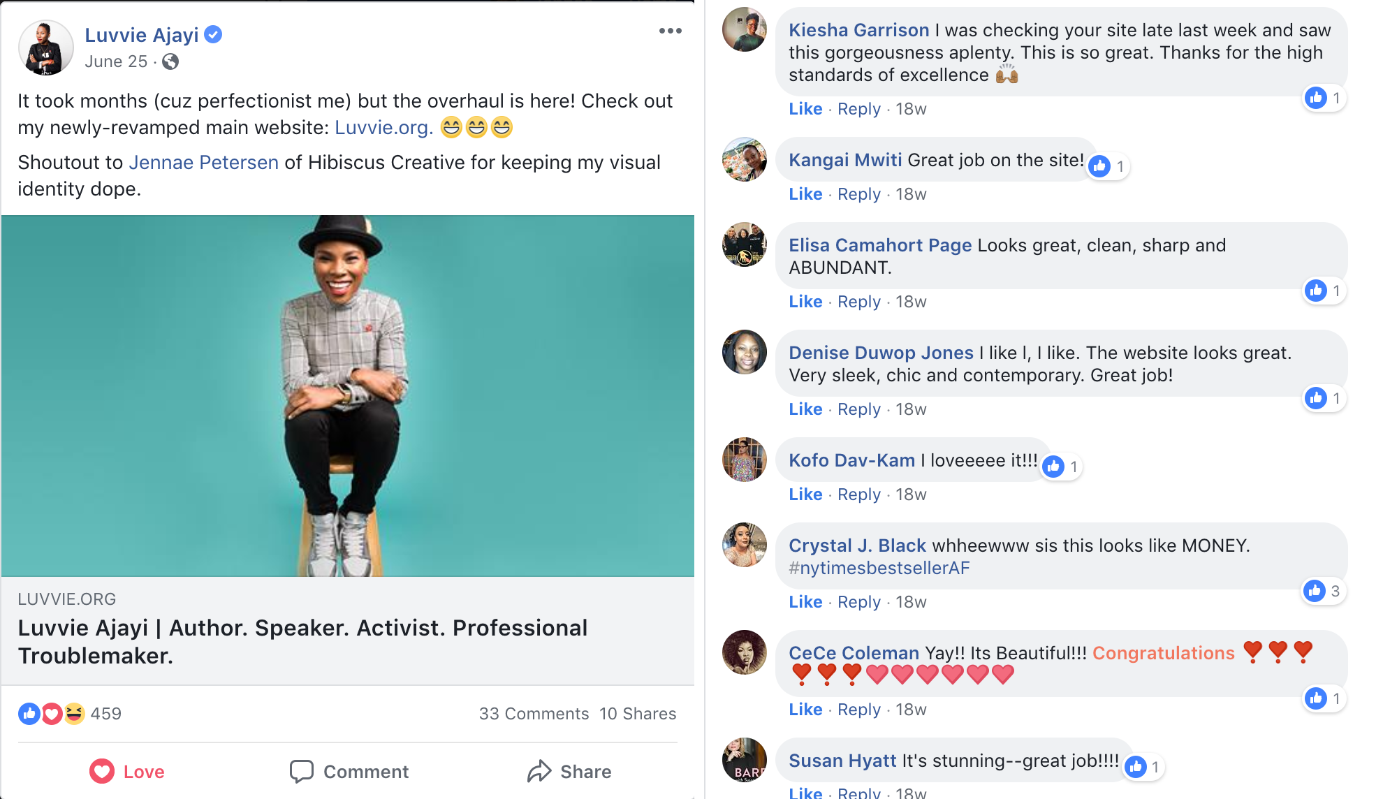 Facebook post by Luvvie Ajayi praising the work of Jennae Petersen and Blue Agate Creative, along with comments of praise from Luvvie's audience