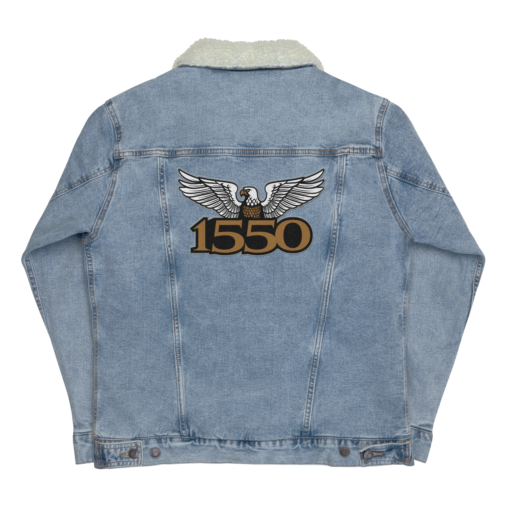 Back of the 1550 Brand Eagle Denim Sherpa Jacket designed by Blue Agate Creative